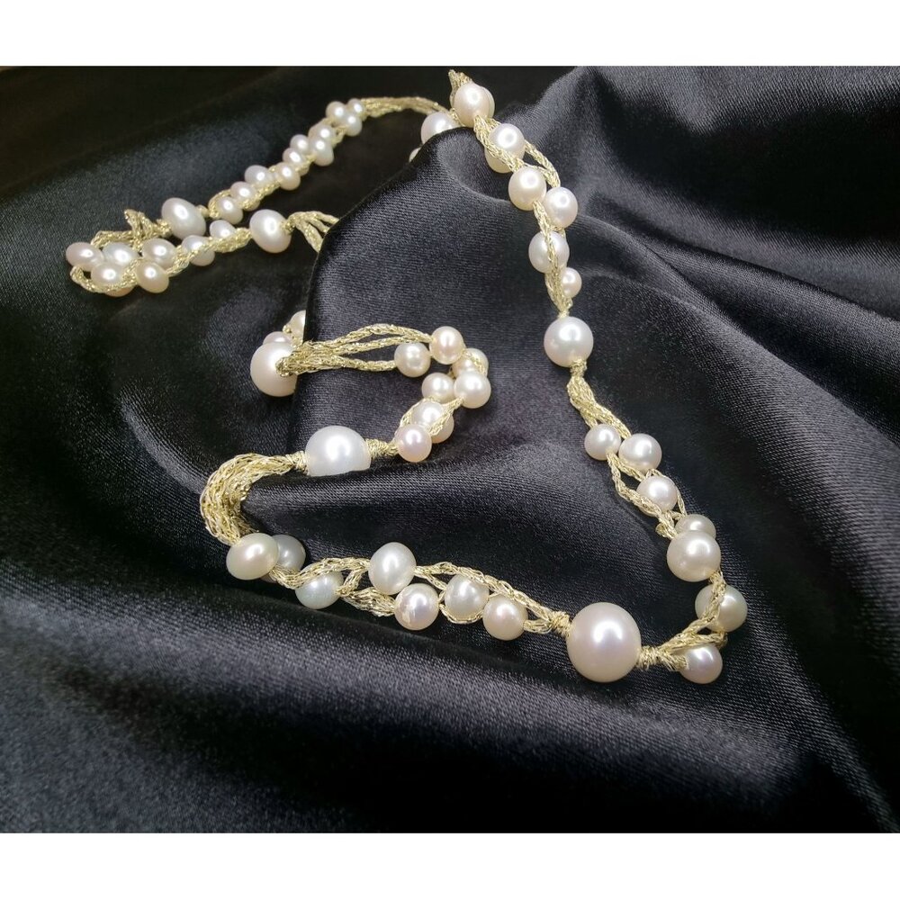 Lucas Lameth 925 Necklace With Freshwater Pearls On Twisted Green Tone Rope